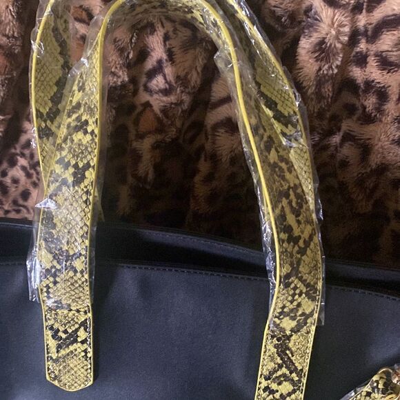 Black Faux Leather Neon Green Snakeskin Tote - Picture 4 of 8